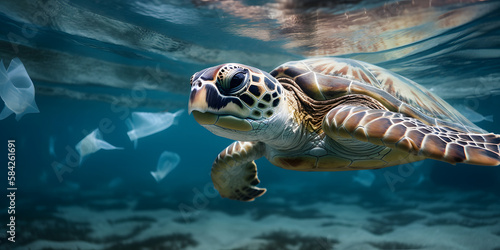 Plastic pollution in ocean problem. Sea Turtle eats plastic bag. Generative AI. © TimeShops