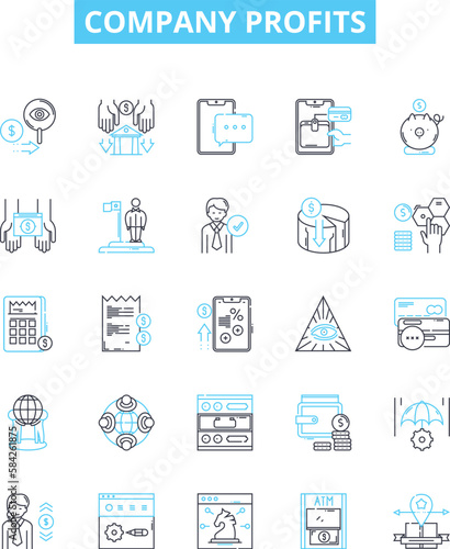 Company profits vector line icons set. Profit, Revenue, Gains, Benefit, Windfall, Surplus, Remuneration illustration outline concept symbols and signs