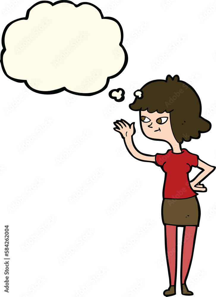 cartoon friendly girl waving with thought bubble cartoon friendly girl waving with thought bubble
