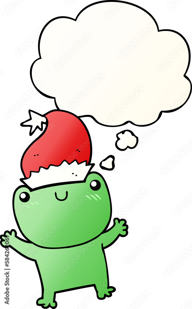 Fototapeta premium cute cartoon frog wearing christmas hat and thought bubble in smooth gradient style