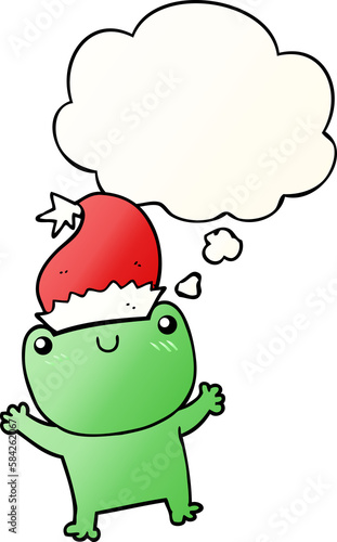cute cartoon frog wearing christmas hat and thought bubble in smooth gradient style