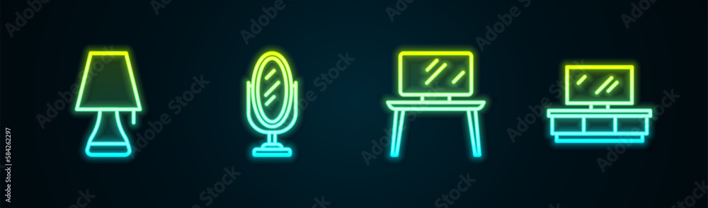 Set line Table lamp, Mirror, TV table stand and . Glowing neon icon. Vector Set line Table lamp, Mirror, TV table stand and . Glowing neon icon. Vector