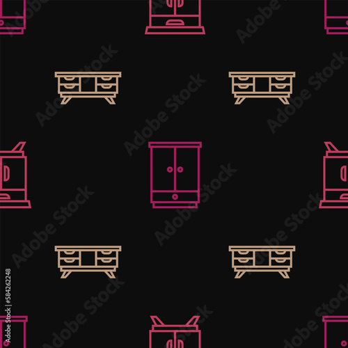 Set line Furniture nightstand, TV table and Wardrobe on seamless pattern. Vector