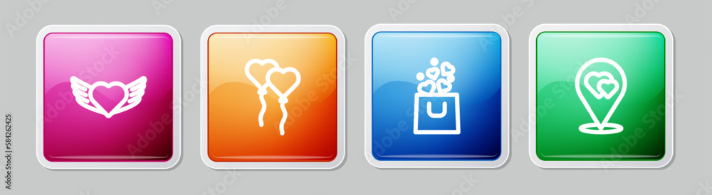 Set line Heart with wings, Balloons form of heart, Shopping bag and Location. Colorful square button. Vector Set line Heart with wings, Balloons form of heart, Shopping bag and Location. Colorful square button. Vector
