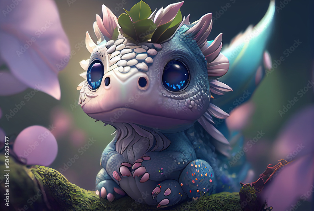 Little baby dragon sitting in the sunlit forest created with Generative AI Little baby dragon sitting in the sunlit forest created with Generative AI