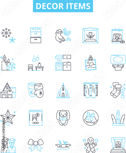 Decor items vector line icons set. Furnishings, Rugs, Lighting, Wallpaper, Mirrors, Curtains, Vases illustration outline concept symbols and signs