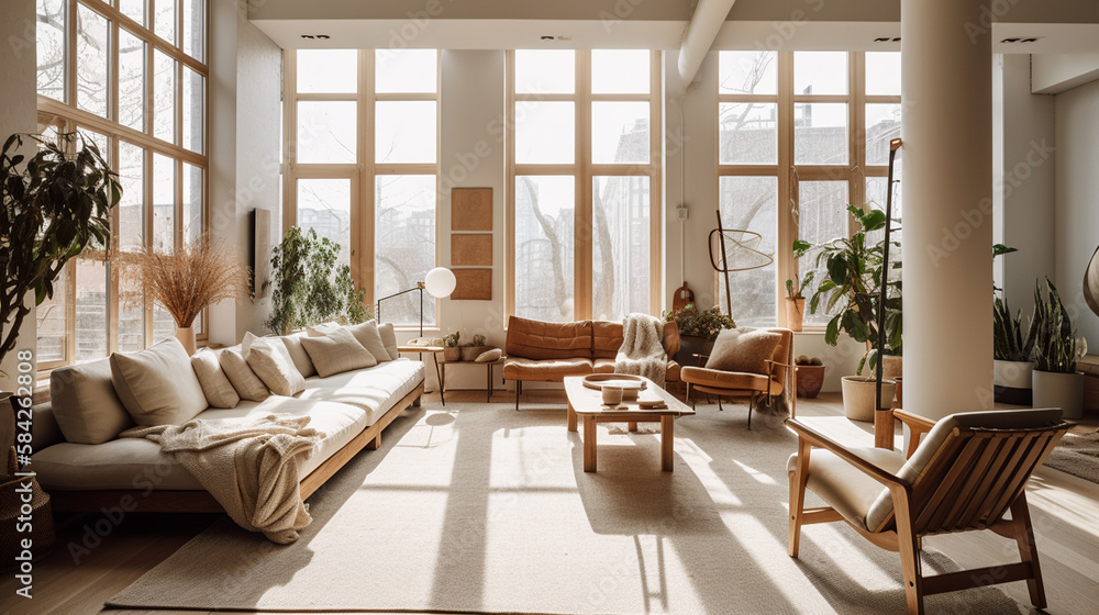 Japandi Style Interior Design, Bright and Light Living Room Photography with High Ceilings and Calming Natural Decor and Styling - Generative AI