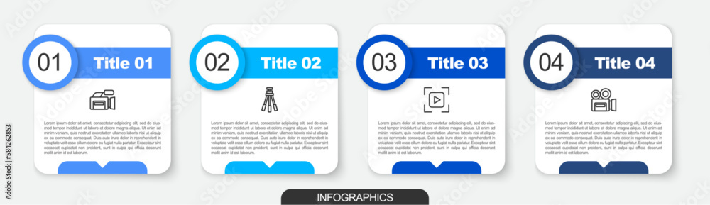 Set line Cinema camera, Tripod, Camera focus frame line and Retro cinema. Business infographic template. Vector Set line Cinema camera, Tripod, Camera focus frame line and Retro cinema. Business infographic template. Vector
