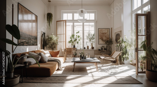 Japandi Style Interior Design, Bright and Light Living Room Photography with High Ceilings and Calming Natural Decor and Styling - Generative AI photo