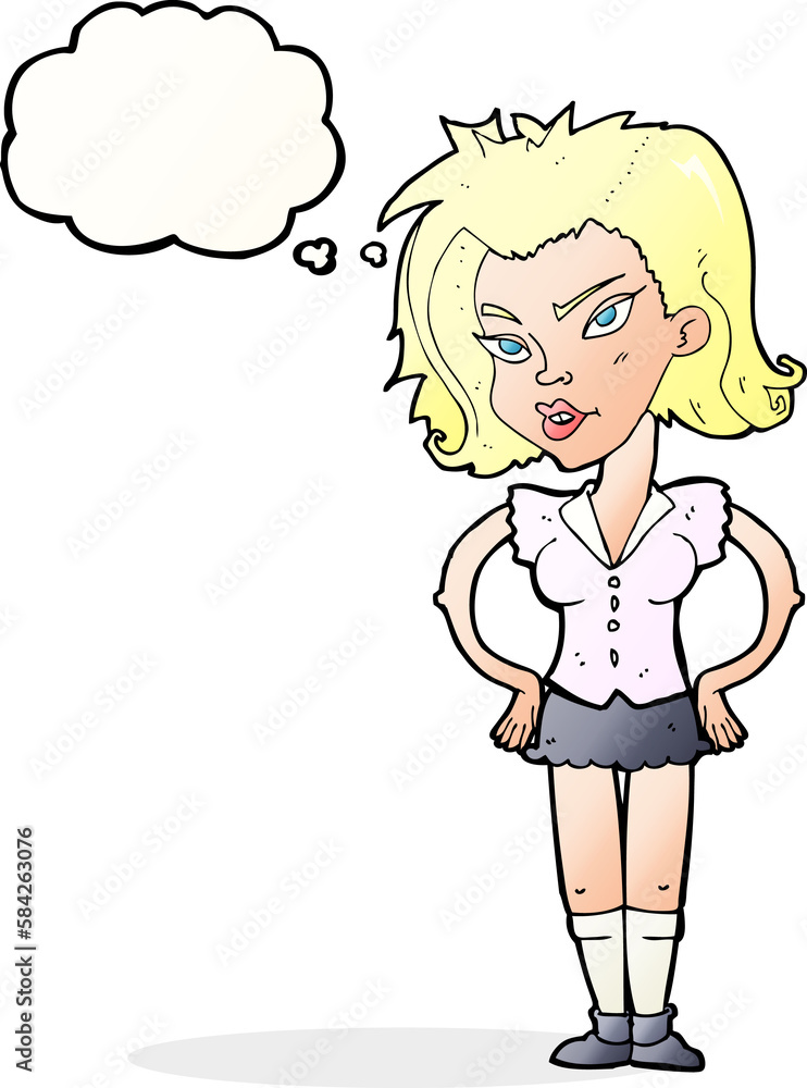 cartoon woman with hands on hips with thought bubble cartoon woman with hands on hips with thought bubble