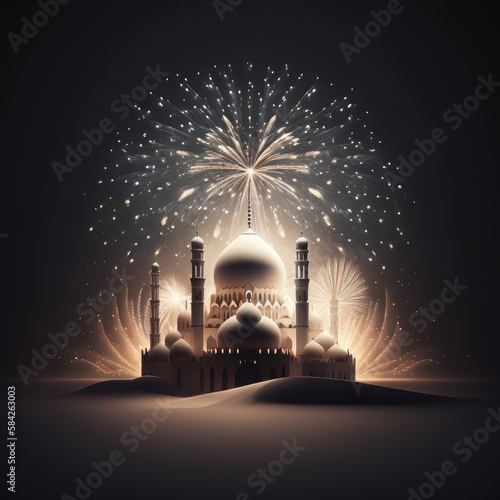 ai geneaed illustration of muslim mosque with beautiful firework.