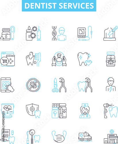Dentist services vector line icons set. Dentist, Services, Teeth, Cleaning, Fillings, Extractions, Orthodontics illustration outline concept symbols and signs