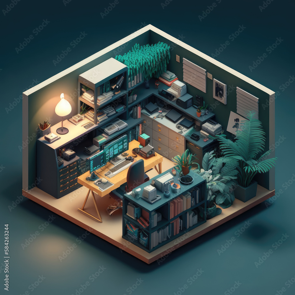 Office isometric diorama, desk, workplace with computers, generative ai Office isometric diorama, desk, workplace with computers, generative ai