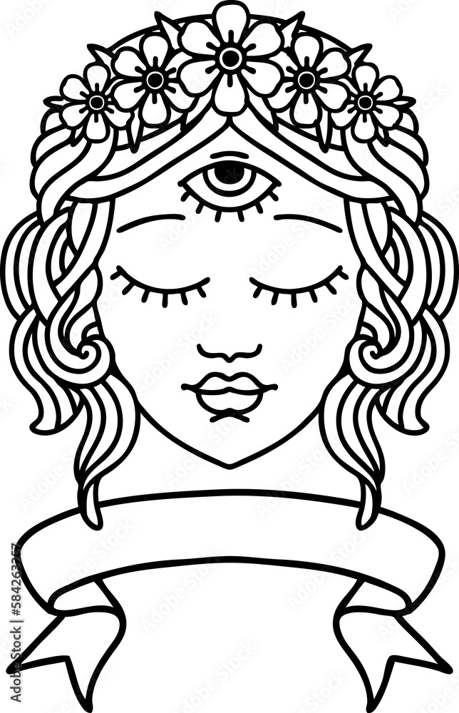 black linework tattoo with banner of female face black linework tattoo with banner of female face