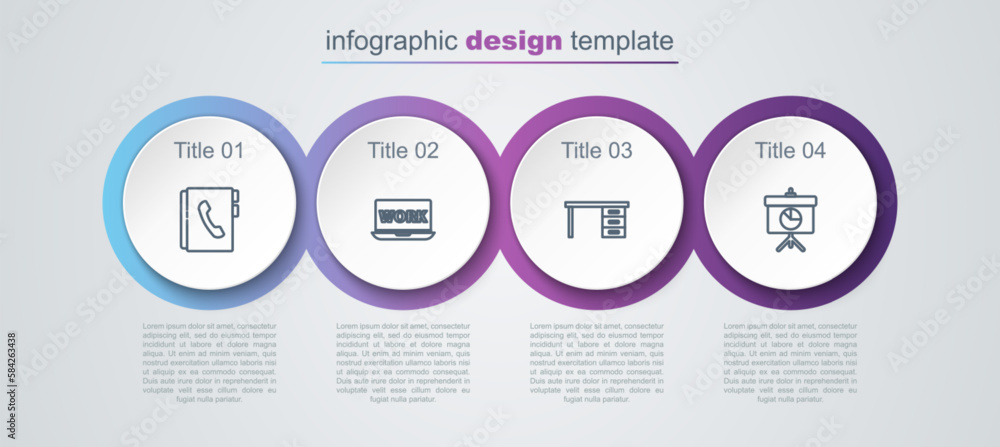 Set line Address book, Laptop with text work, Office desk and Chalkboard diagram. Business infographic template. Vector Set line Address book, Laptop with text work, Office desk and Chalkboard diagram. Business infographic template. Vector
