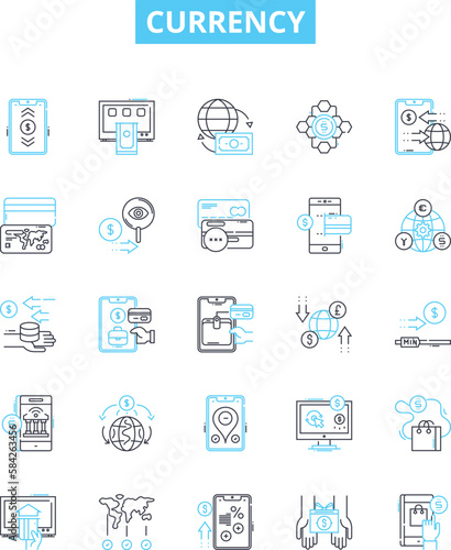 Currency vector line icons set. Money, Coin, Dollar, Euro, Yen, Pound, Franc illustration outline concept symbols and signs