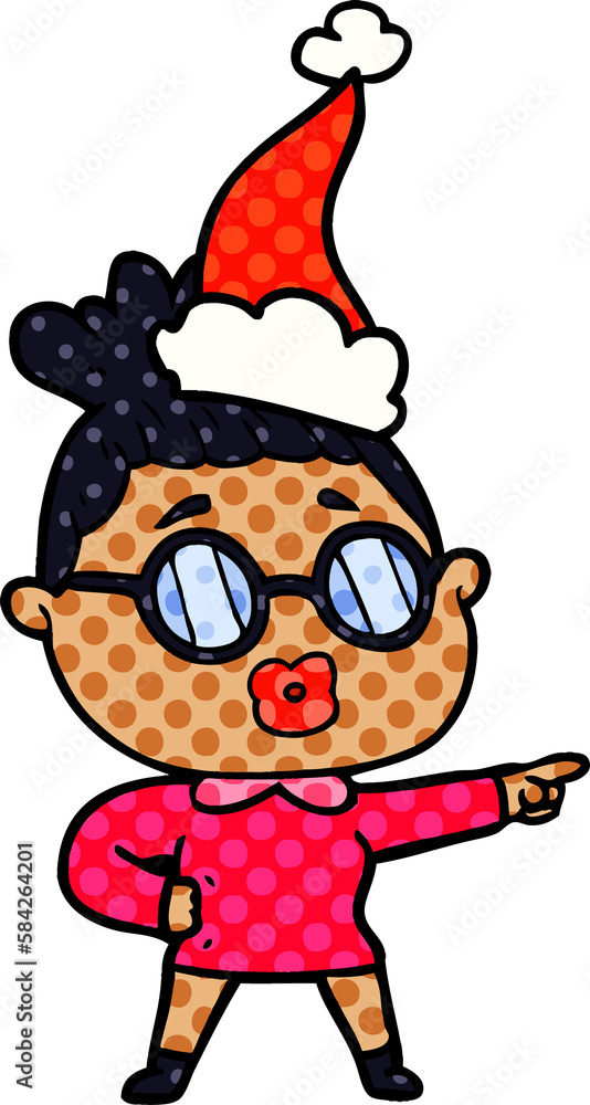 comic book style illustration of a pointing woman wearing spectacles wearing santa hat comic book style illustration of a pointing woman wearing spectacles wearing santa hat