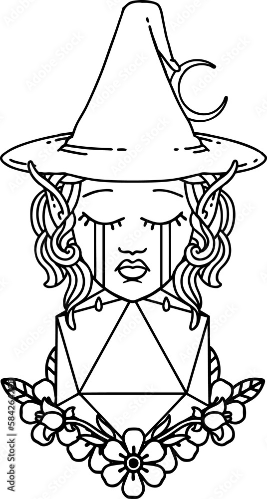 crying elf witch with natural one D20 roll illustration