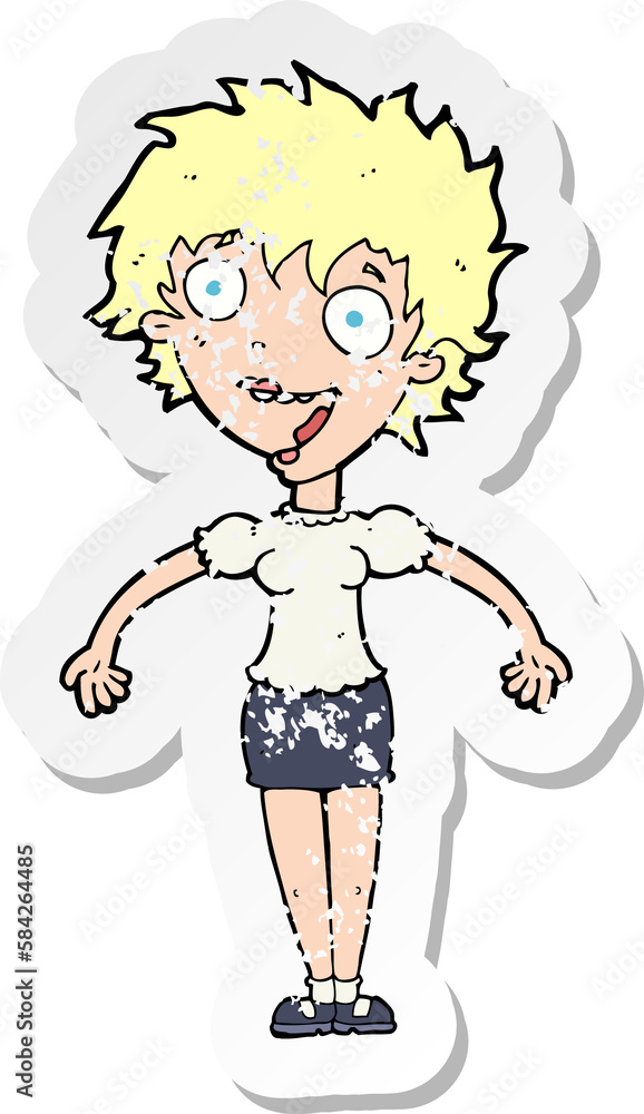 retro distressed sticker of a cartoon excited woman retro distressed sticker of a cartoon excited woman