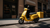 Modern yellow delivery scooter with food delivery bag in the city. Express delivery service. Generative AI