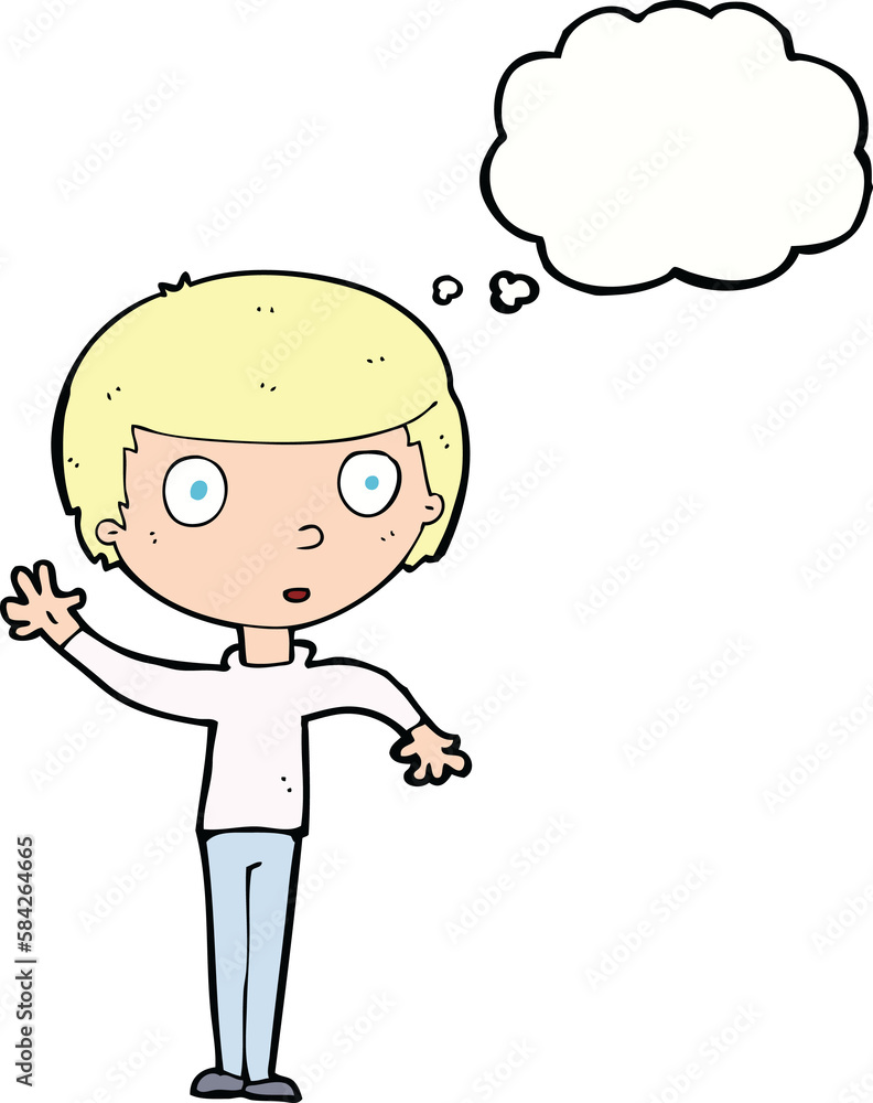 cartoon waving boy with thought bubble cartoon waving boy with thought bubble