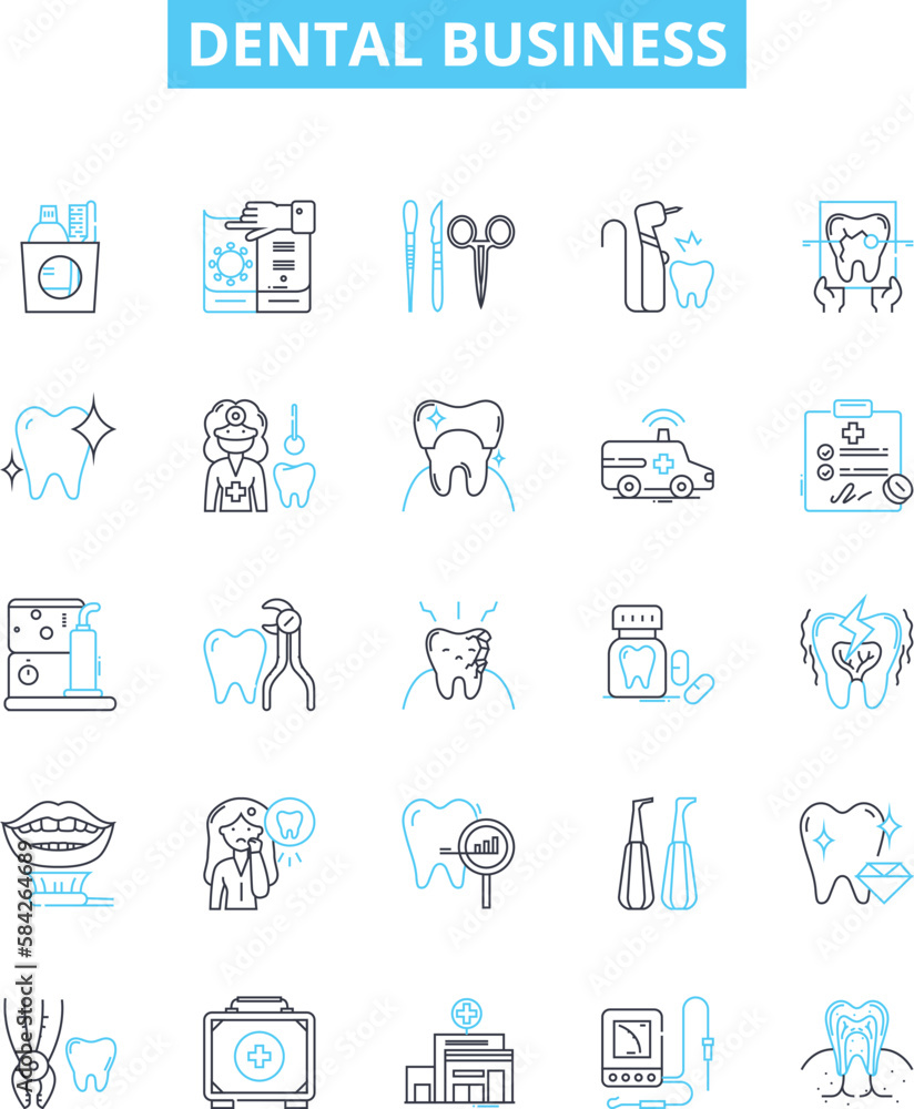 Dental business vector line icons set. Dentistry, Oral, Hygiene, Teeth, Orthodontics, Endodontics, Prosthodontics illustration outline concept symbols and signs Dental business vector line icons set. Dentistry, Oral, Hygiene, Teeth, Orthodontics, Endodontics, Prosthodontics illustration outline concept symbols and signs