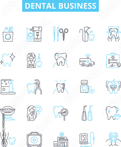 Dental business vector line icons set. Dentistry, Oral, Hygiene, Teeth, Orthodontics, Endodontics, Prosthodontics illustration outline concept symbols and signs
