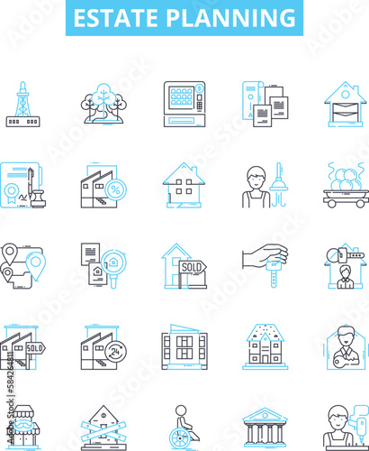 Estate planning vector line icons set. Estate, Planning, Attorney, Will, Probate, Trusts, Taxation illustration outline concept symbols and signs