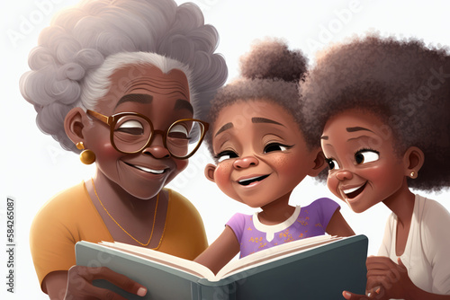 A heartwarming moment with afro smiling grandma and grandkids girls reading on a light background. Generative AI