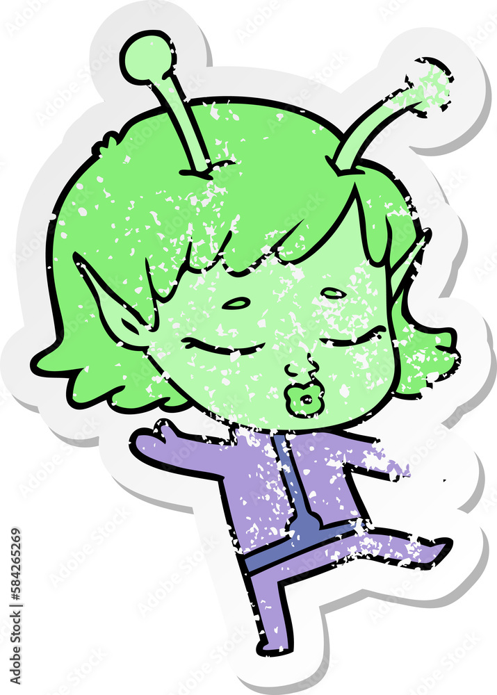 distressed sticker of a cartoon alien girl distressed sticker of a cartoon alien girl