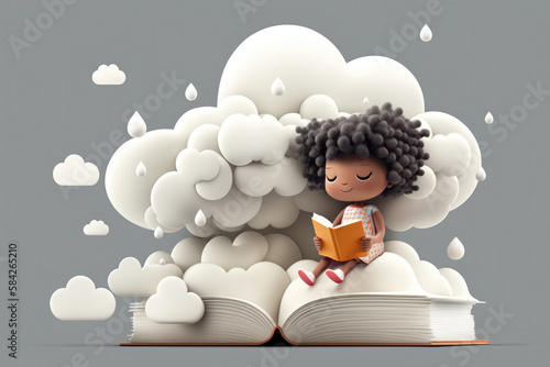 Fototapet A kid lost in a book, sitting on a giant white cloud against a light background