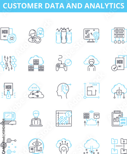 Customer data and analytics vector line icons set. customer, data, analytics, insights, profiling, segmentation, retention illustration outline concept symbols and signs