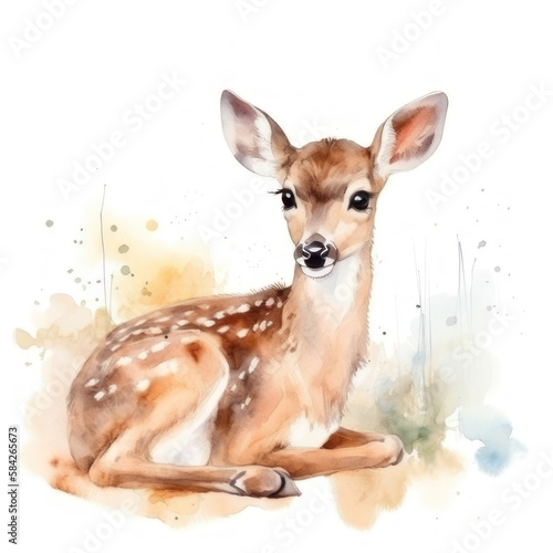 Watercolor deer sitting. AI generative.