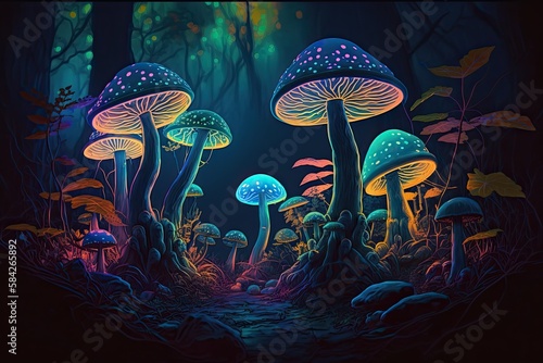 A Magical Tale of Colorful, Glowing Mushrooms in a Mystical Forest, Generative AI