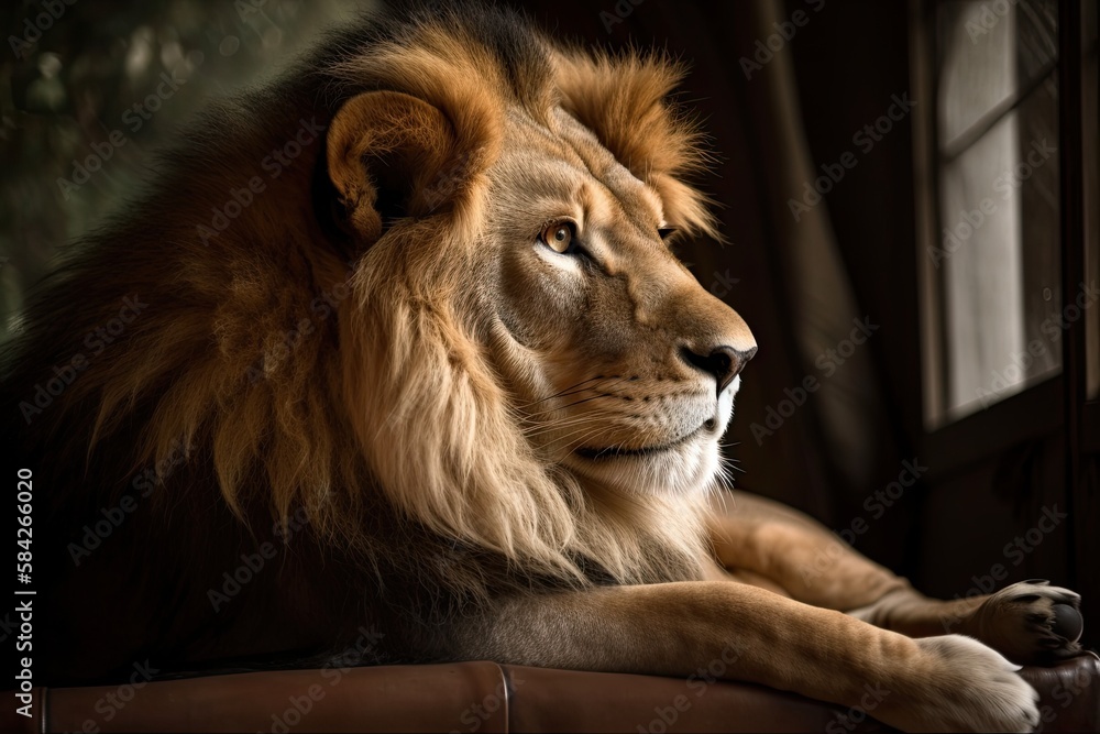 Watch Out! Majestic Lion Laying Down on a Sofa Ready to Pounce: Generative AI