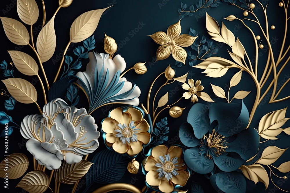 Luxurious Floral Pattern with Gold and Blue Flowers - A Modern Wallpaper Design for an Elegant Interior: Generative AI