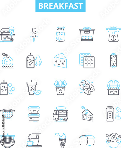 Breakfast vector line icons set. Eggs, Toast, Oatmeal, Pancakes, Cereal, Bacon, Sausage illustration outline concept symbols and signs