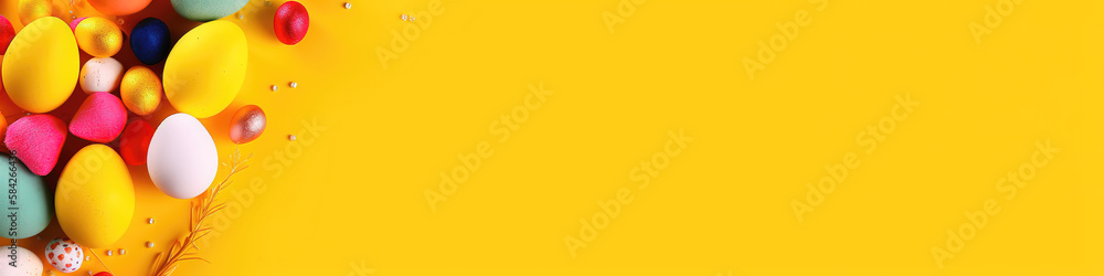 Abstract yellow background with colorful Easter eggs in the corner. Banner. AI generated