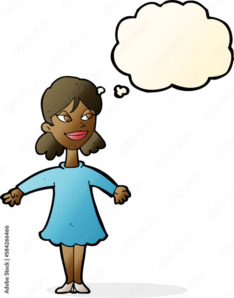 cartoon woman with open arms with thought bubble cartoon woman with open arms with thought bubble