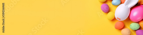 Abstract yellow background with colorful Easter eggs in the corner. Banner. AI generated
