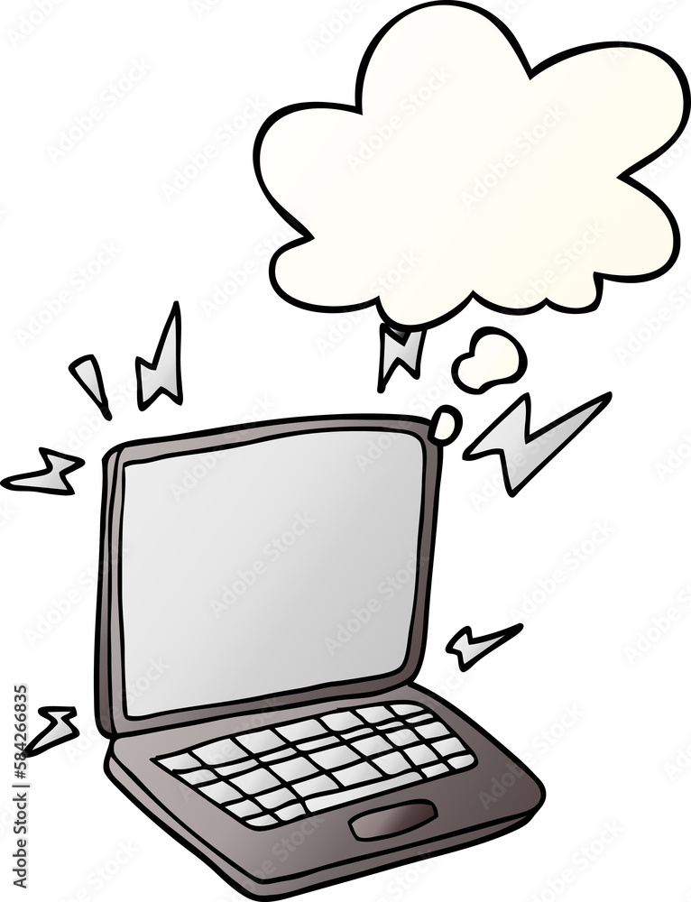 cartoon laptop computer and thought bubble in smooth gradient style cartoon laptop computer and thought bubble in smooth gradient style