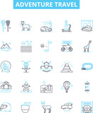 Adventure travel vector line icons set. Adventure, Travel, Expedition, Trekking, Exploring, Backpacking, Canoeing illustration outline concept symbols and signs