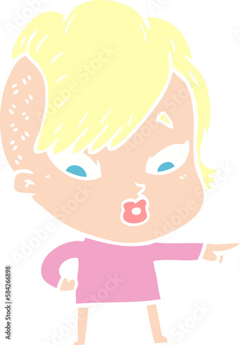 flat color style cartoon surprised girl pointing