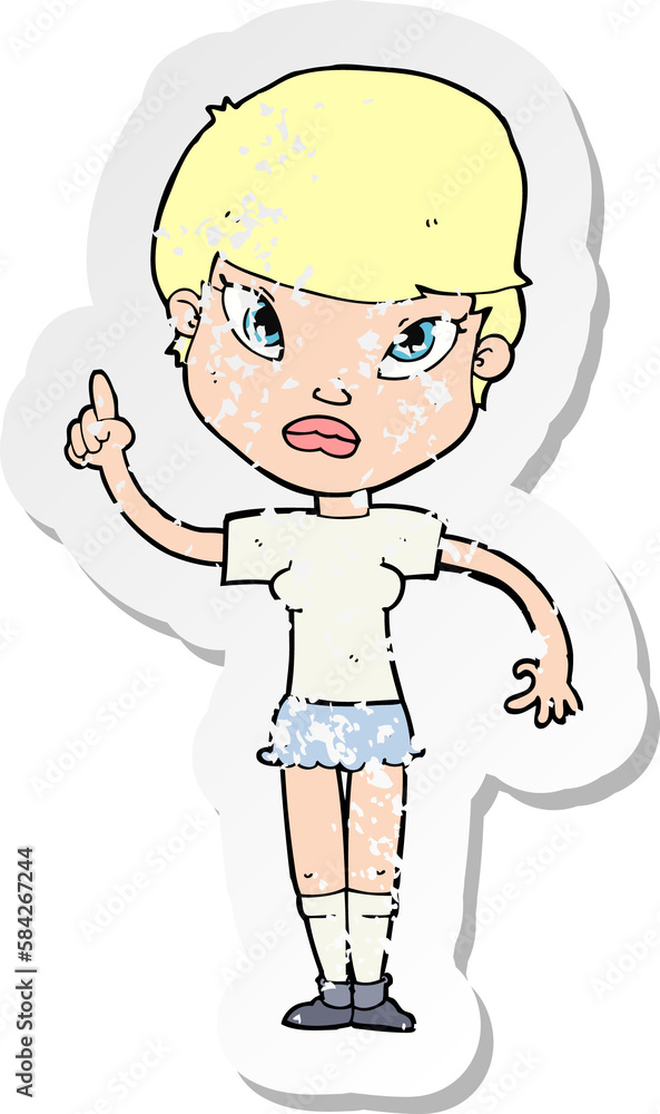 retro distressed sticker of a cartoon woman with idea