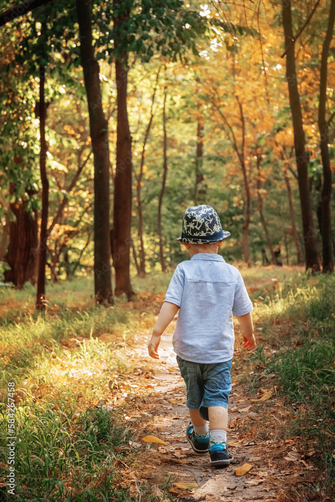 A young guy is walking along a path in the forest in a blue shirt, shorts and a hat A young guy is walking along a path in the forest in a blue shirt, shorts and a hat