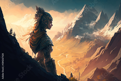 Fantasy concept art | fantasy game character has reached the summit of a towering mountain, where they are greeted by a stunning view of a sun-soaked valley below. Ai
