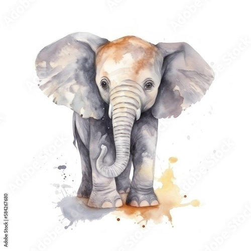 Cute watercolor elephant. AI generative.