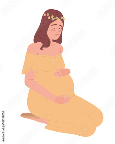 Pretty pregnant lady with flower crown semi flat color vector character. Editable figure. Full body person on white. Simple cartoon style spot illustration for web graphic design and animation