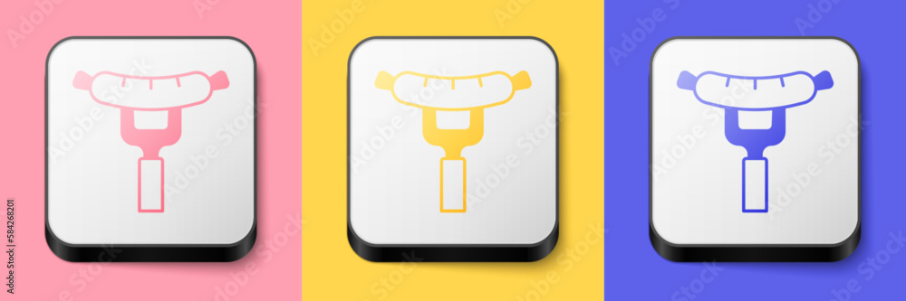 Isometric Sausage on the fork icon isolated on pink, yellow and blue background. Grilled sausage and aroma sign. Square button. Vector Isometric Sausage on the fork icon isolated on pink, yellow and blue background. Grilled sausage and aroma sign. Square button. Vector