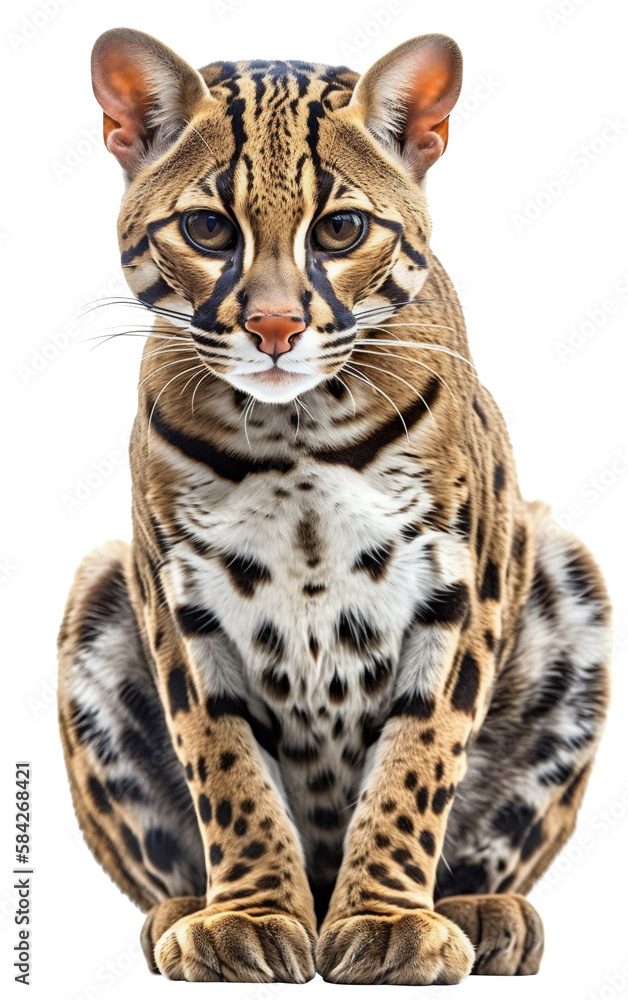 Sitting Ocelot (Leopardus pardalis) front view shows its adorable features. Generative AI Sitting Ocelot (Leopardus pardalis) front view shows its adorable features. Generative AI